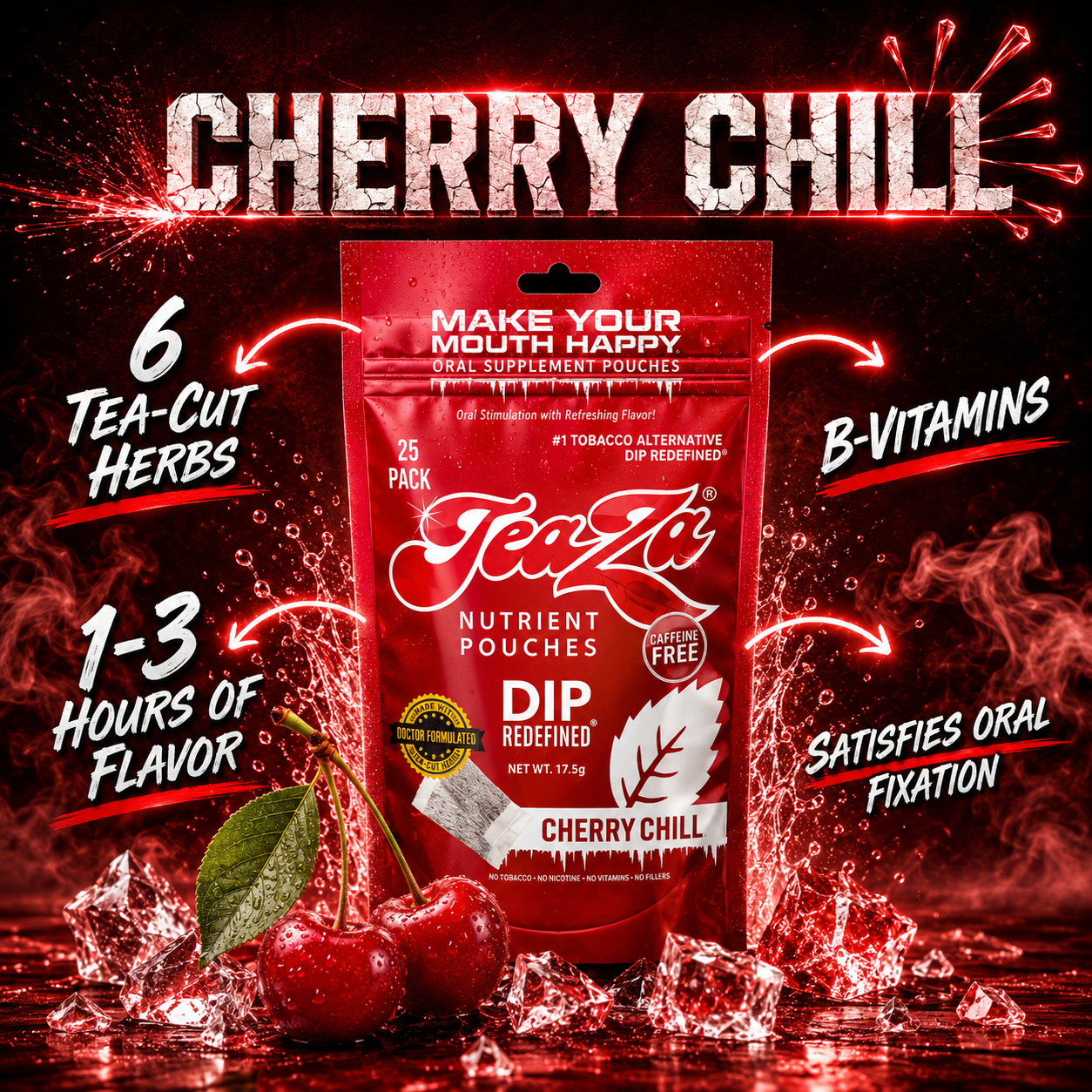 TeaZa® Cherry Chill – Nicotine-Free Herbal Pouches, 25 Count