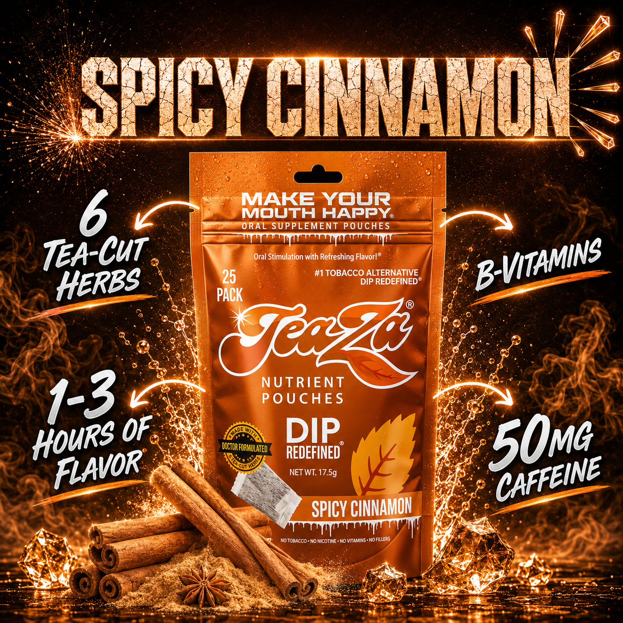 cinnamon tobacco TeaZa Cinnamon Energy – Nicotine-Free Herbal Pouches, 25 Count